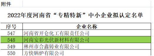 祝賀！光伏新材料通過河南省“專精特新”中小企業認定